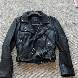 Zara Black Leather Moto Jacket with Belt
